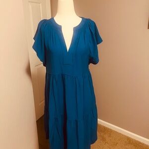 Calvin Klein blue tiered A line dress-Size 10 tailored crepe w/tie waist